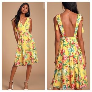 LULUS Yellow Floral Midi Dress